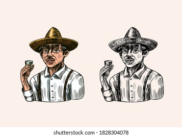 Farmer holding a shot of tequila. Mexican man with hat. Retro poster or banner. Engraved hand drawn vintage sketch. Woodcut style. 
