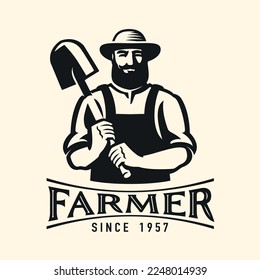 Farmer holding shovel, black emblem. Agriculture, farm, growing organic food badge or logo. Vector illustration