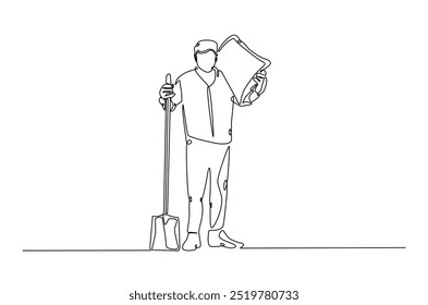 Landwirt mit Schaufel durchgehende einzeilige Zeichnung. Bauer und landwirtschaftliche Geräte in einzeiliger Kunstgrafik. Bearbeitbarer Vektor.  