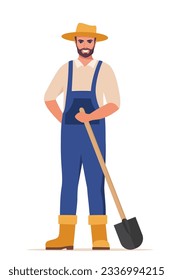 Farmer holding shovel in hand. Farmer standing with spade. Farming work, gardening. Agricultural worker with garden tool. Gardener, agronomist. Vector illustration