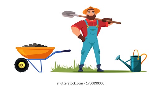Farmer holding shovel standing. Gardener with tool. Man ready to dig ground. Wheelbarrow filled with soil, watering can. Planting in garden orchard. Green grass agricultural field. Vector illustration
