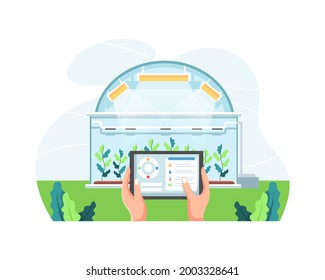 Farmer holding tablet managing farm in greenhouse. Smart and sophisticated farming concept, Hands holding tablet checking plants. Modern agriculture with automation. Vector illustration in flat style