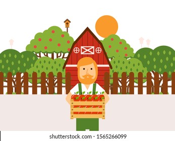 Farmer holding wooden box of apples at orchard, vector illustration. Garden with fruit trees and farmhouse, local man cartoon character, flat style orchard scene. Red haired gardener offer fresh apple