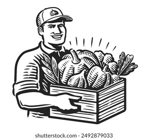 Granjero sosteniendo caja de madera con verduras frescas. Entrega orgánica de alimentos agrícolas. Ilustración vectorial