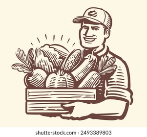 Farmer holding a wooden crate full of fresh vegetables. Organically grown produce. Farm food vector illustration