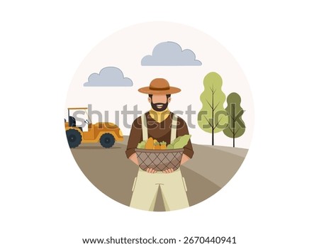 Farmer holds a basket of assorted farm produce. Farming concept, Agriculture illustration