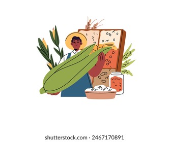 Farmer holds big corn cob in hands. Local farm worker sells different grains, groats, cereals, wheat at agriculture fair. Vendor of farming harvest, crop. Flat isolated vector illustration on white