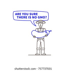 Farmer holds big eggplant vector illustration. Farmer says Are you sure there is no GMO line art concept.