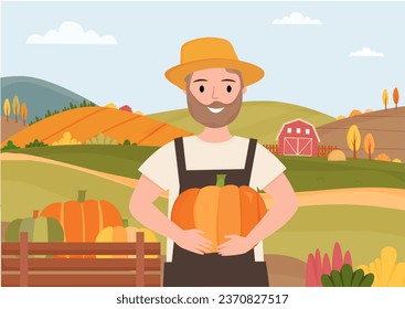 Farmer holds a big pumpking in his hand on the countryside background. Harvest time. Farm market, harvest festival, eat local concept. Hello pumpking season. Organic vegetable. Vector illustration.