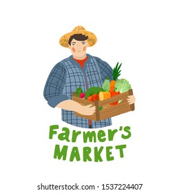 The farmer holds a box of vegetables. Autumn harvest. Farmers market logo. Flat cartoon illustration isolated on white background. Hand drawn vector character. Man farm worker.