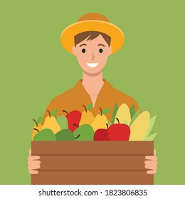 The Farmer Holds A Box Of Vegetables. Autumn Harvest. Farmers Market Logo. Flat Cartoon Illustration Isolated On White Background. Hand Drawn Vector Character. Man Farm Worker.