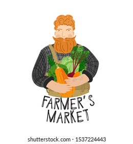 The farmer holds in hands vegetables. Autumn harvest. Farmers market logo. Flat cartoon illustration isolated on white background. Hand drawn vector character. Man farm worker.