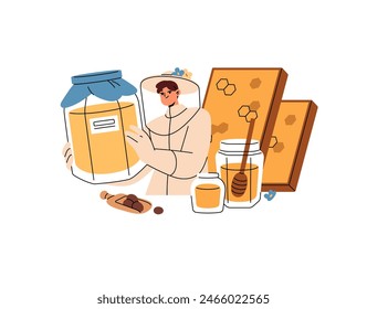 Farmer holds jar of natural honey, sells honeycombs, products of local beekeeping farm. Apiculture production at agriculture fair, market. Flat isolated vector illustration on white background