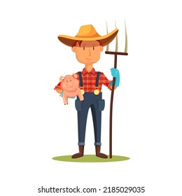 Farmer holds piggy, vector banner or clipart.