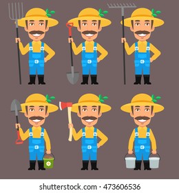 Farmer Holds Pitchfork Rake Bucket Shovel Ax