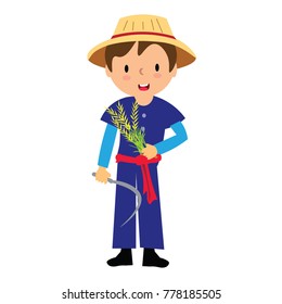 
The farmer holds the sickle with the rice plant.