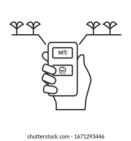 Farmer holds a smartphone with data from a drone about plants.Smart agriculture cartoon concepts with outline.Isolated on white background. 
