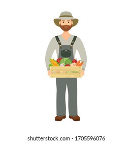 Farmer holds wooden box with fresh vegetables Isolated on white background. Eco farm. Concept of healthy organic food. Vector illustration of man gardener in cartoon flat style.