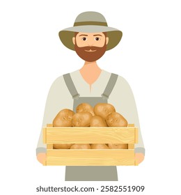 Farmer holds wooden box with potato. Vector cartoon flat illustration of  gardener with harvest
