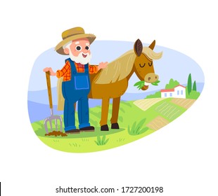 Farmer with horse. Countryside background. Old MacDonald character.