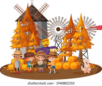 Farmer house with children on white background illustration