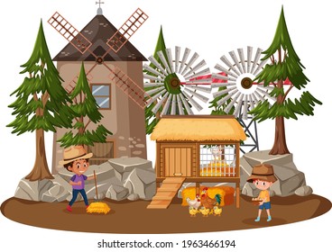 Farmer house with children on white background illustration