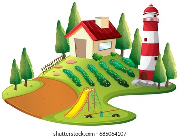 Bauernhaus mit Gemüsegarten und Leuchtturm