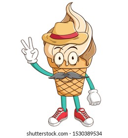 A farmer of ice cream waffle cone cartoon character with peace hand sign and funny smile face