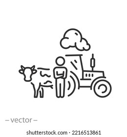 farmer icon, agriculture equipment and animals, thin line symbol on white background - editable stroke vector illustration eps10