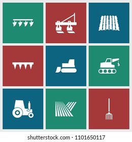 Farmer icon. collection of 9 farmer filled icons such as field, tractor, plowing tool. editable farmer icons for web and mobile.