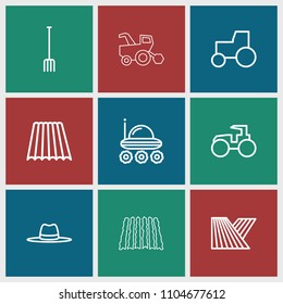 Farmer icon. collection of 9 farmer outline icons such as field, tractor, pitchfork. editable farmer icons for web and mobile.