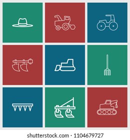 Farmer icon. collection of 9 farmer outline icons such as tractor, plowing tool, hat. editable farmer icons for web and mobile.