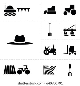 Farmer icon. set of 13 filled farmericons such as field, tractor, pitchfork, plowing tool