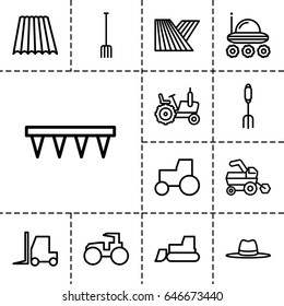 Farmer icon. set of 13 outline farmericons such as field, tractor, pitchfork, plowing tool