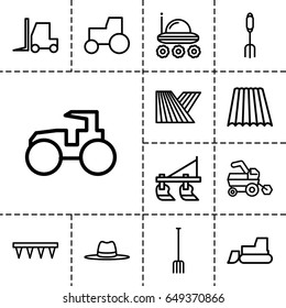 Farmer icon. set of 13 outline farmericons such as field, tractor, pitchfork, plowing tool
