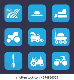 farmer icon. Set of 9 filled farmer icons such as field, tractor, pitchfork