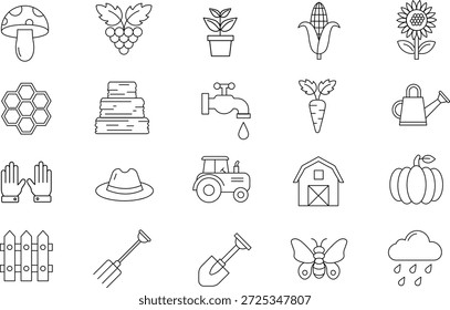 Farmer icon set with clean line style featuring agriculture, farming activities, crops, tools, and rural life elements. Suitable for agriculture projects, apps, websites, and infographic design.