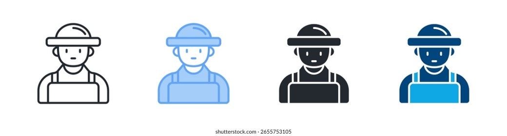 Conjunto de iconos de agricultor de varios estilos. Diseñado en el contorno, azul, glifo, tono dual