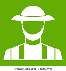 Farmer icon white isolated on green background. Vector illustration