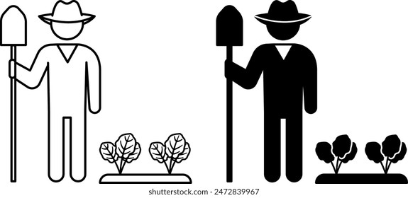 Farmer-Symbole. Schwarz-Weiß-Vektorsymbole. Mann mit Hut und Schaufel im Garten. Natürliches und umweltfreundliches Produkt. Ökologischer Landbau