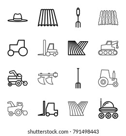 Farmer icons. set of 16 editable outline farmer icons such as field, tractor, pitchfork