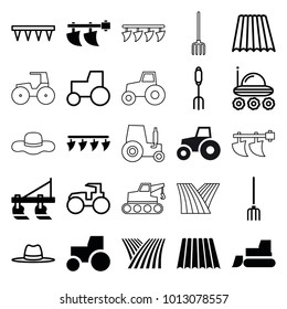 Farmer icons. set of 25 editable filled and outline farmer icons such as field, tractor, pitchfork, plowing tool