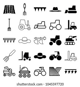 Farmer icons. set of 25 editable filled and outline farmer icons such as tractor, pitchfork, plowing tool, hat