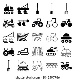 Farmer icons. set of 25 editable filled and outline farmer icons such as field, tractor, pitchfork