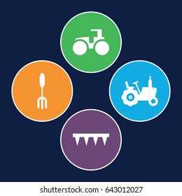 Farmer icons set. set of 4 farmer filled icons such as tractor, pitchfork