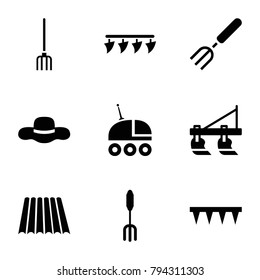Farmer icons. set of 9 editable filled farmer icons such as field, tractor, pitchfork, plowing tool
