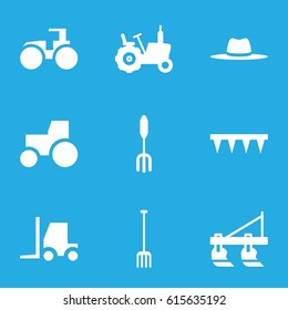 Farmer icons set. set of 9 farmer filled icons such as tractor, pitchfork, plowing tool