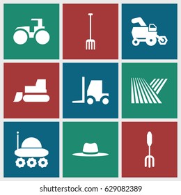 Farmer icons set. set of 9 farmer filled icons such as field, tractor, pitchfork