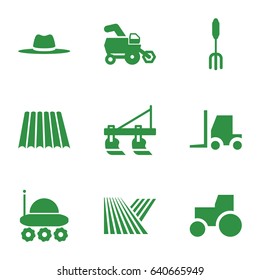 Farmer icons set. set of 9 farmer filled icons such as field, tractor, pitchfork