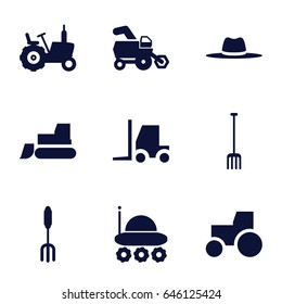 Farmer icons set. set of 9 farmer filled icons such as tractor, pitchfork